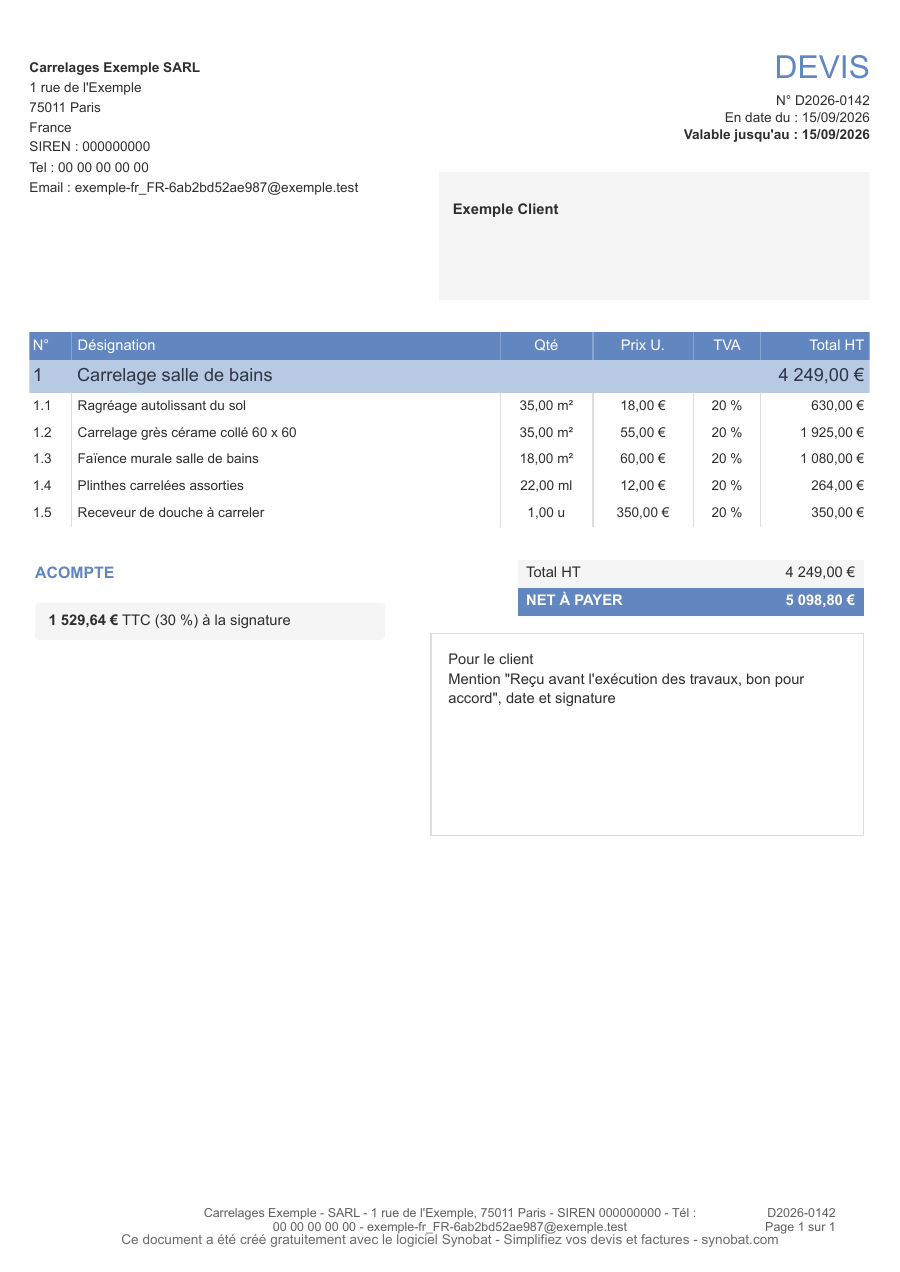 Aperçu d'un devis de carrelage créé avec Synobat : entreprise et client d'exemple, cinq postes (ragréage, carrelage, faïence, plinthes, receveur), quantités, TVA et total HT de 4 249 €