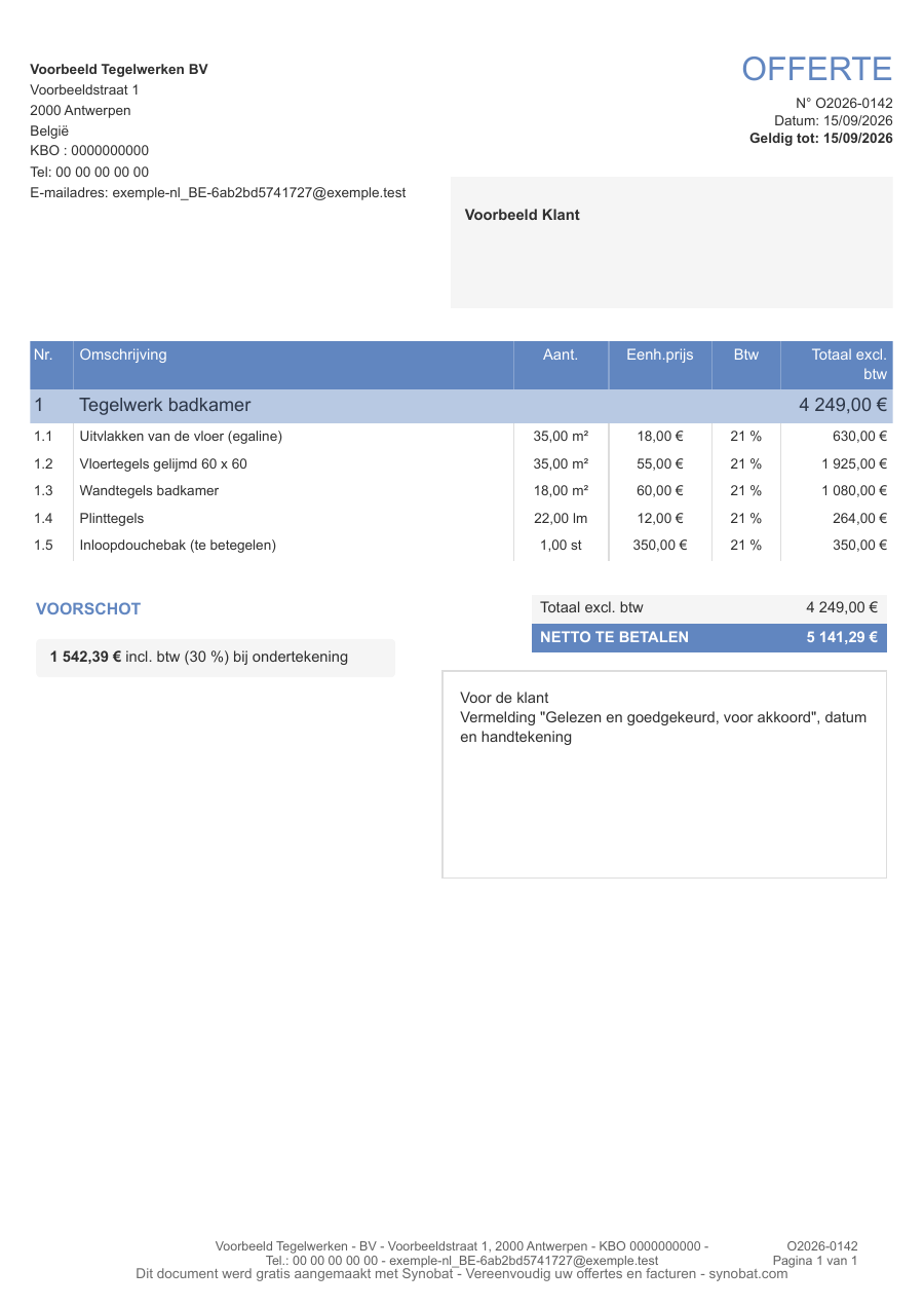 Weergave van een tegelofferte gemaakt met Synobat voor België: fictief bedrijf en klant, vijf posten, hoeveelheden, Belgische btw en totaal van € 4.249 excl. btw