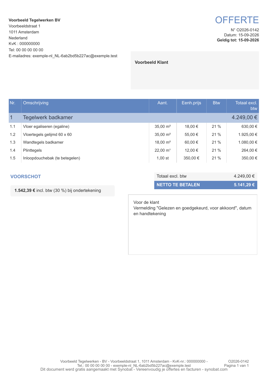 Weergave van een tegelofferte gemaakt met Synobat voor Nederland: fictief bedrijf en klant, vijf posten, hoeveelheden, Nederlandse btw en totaal van € 4.249 excl. btw