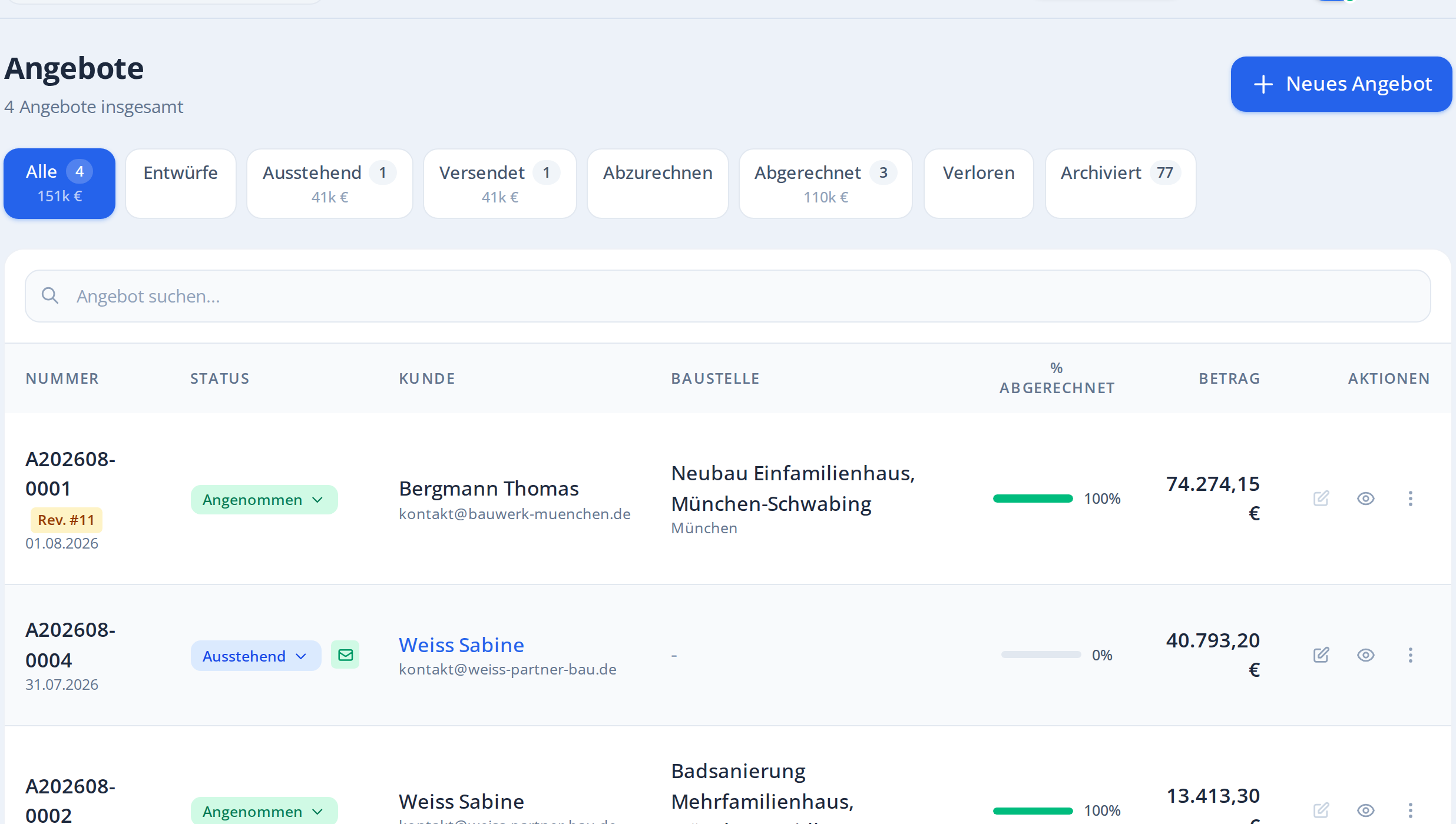 Liste aller Angebote in der Synobat Angebotssoftware